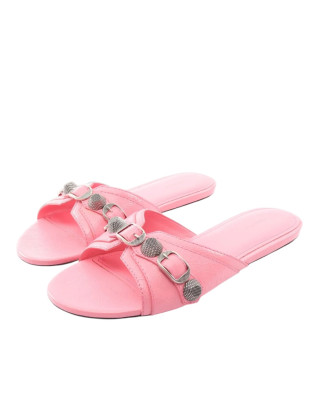 Balenciaga Papuci de damă Le Cagole din piele roz, cu catarame și ținte argintii