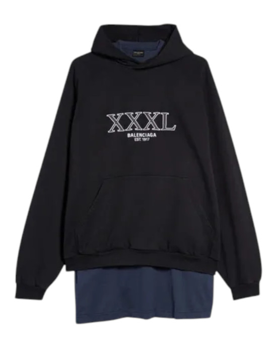  Balenciaga – Hanorac negru oversize XXL cu logo brodat și tricou atașat