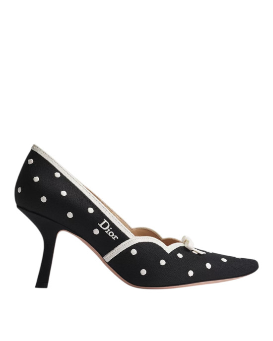 Dior Romance – Pantofi damă negri din bumbac brodat cu buline albe PolkaDior, toc 8,5 cm