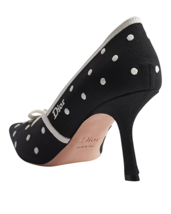 Dior Romance – Pantofi damă negri din bumbac brodat cu buline albe PolkaDior, toc 8,5 cm