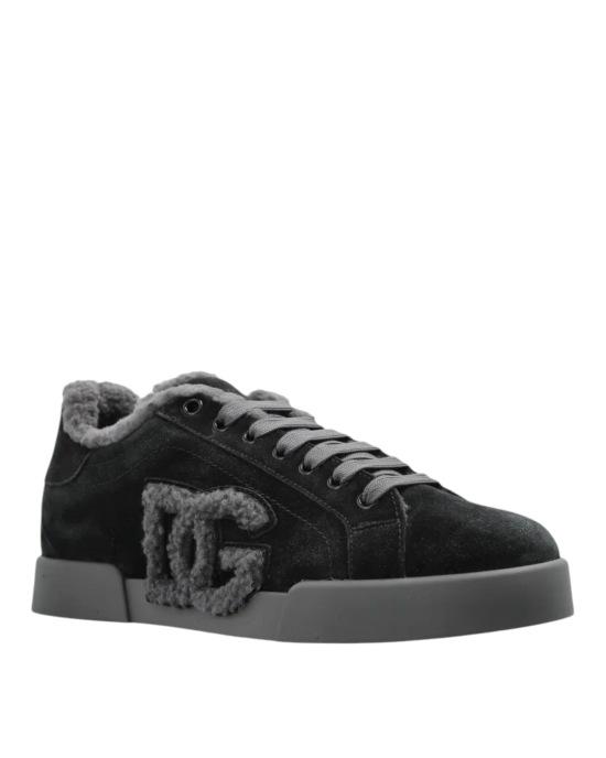  Dolce & Gabbana – Pantofi sport negri din piele întoarsă, căptușiți cu blană de miel