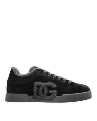  Dolce & Gabbana – Pantofi sport negri din piele întoarsă, căptușiți cu blană de miel