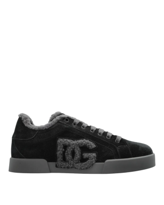  Dolce & Gabbana – Pantofi sport negri din piele întoarsă, căptușiți cu blană de miel
