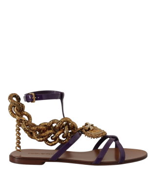 Dolce & Gabbana – Sandale plate Devotion din piele lăcuită maro, cu lanț și inimă decorativă