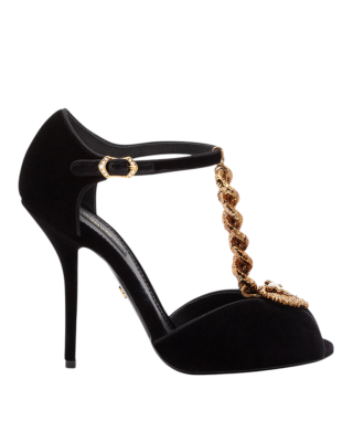Dolce & Gabbana – Sandale Devotion din catifea neagră, cu inimă decorativă
