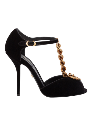 Dolce & Gabbana – Sandale Devotion din catifea neagră, cu inimă decorativă