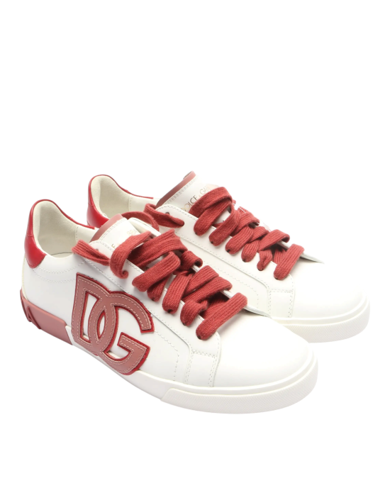 Dolce & Gabbana – Pantofi sport Saint Tropez din piele, albi cu detalii roșii