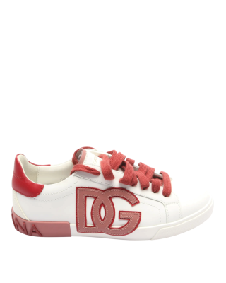 Dolce & Gabbana – Pantofi sport Saint Tropez din piele, albi cu detalii roșii