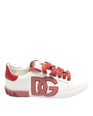 Dolce & Gabbana – Pantofi sport Saint Tropez din piele, albi cu detalii roșii